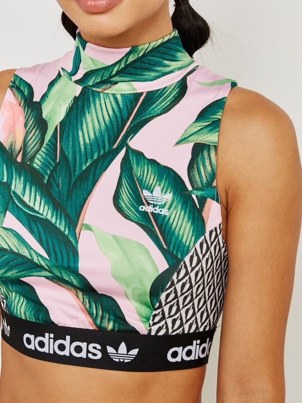 Adidas x Farm Rio Pink and Green Tropical High-Neck Small Crop Top - Picture 2 of 5